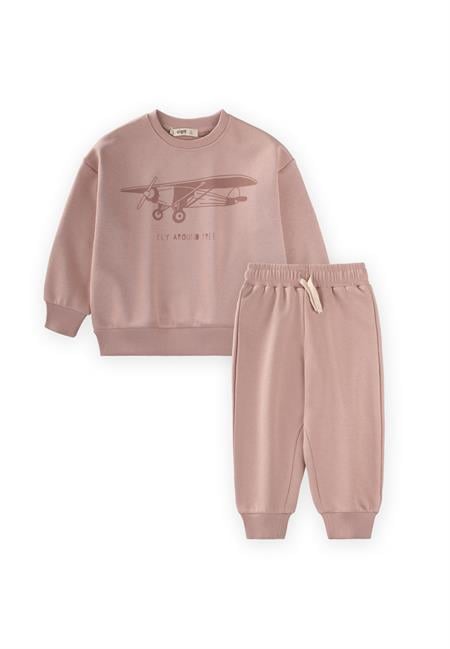 Planör Baskılı Sweatshırt Takım 2-10 Yaş BEJ