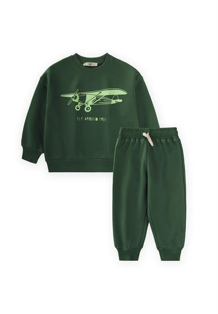 Planör Baskılı Sweatshırt Takım 2-10 Yaş HAKİ YEŞİL