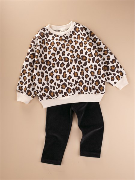 Kadife Taytlı Sweatshirt Takım 2-10 Yaş Kırık Beyaz