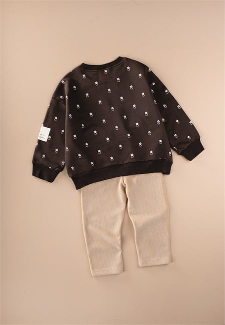 Kadife Taytlı Sweatshirt Takım 2-10 Yaş Kahverengi