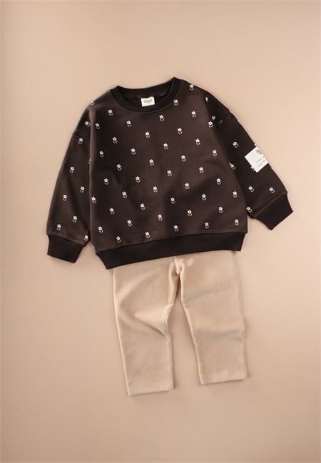 Kadife Taytlı Sweatshirt Takım 2-10 Yaş Kahverengi