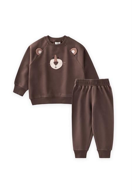 Ayı Aplikeli Sweatshirt Takım 0-5 Yaş Kahverengi