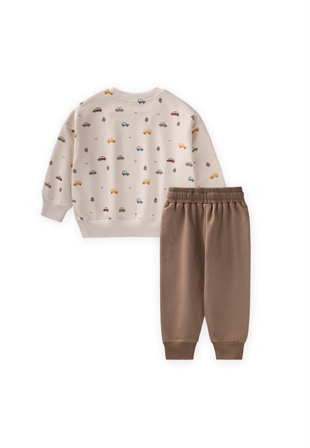 Araba Baskılı Sweatshirt Takım 1-5 Yaş Bej