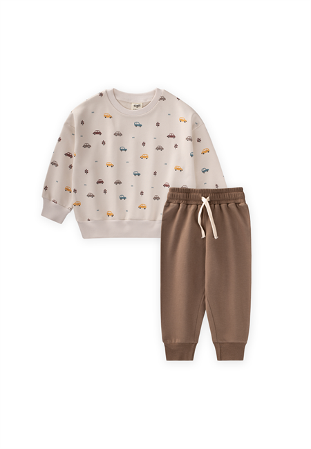 Araba Baskılı Sweatshirt Takım 1-5 Yaş Bej