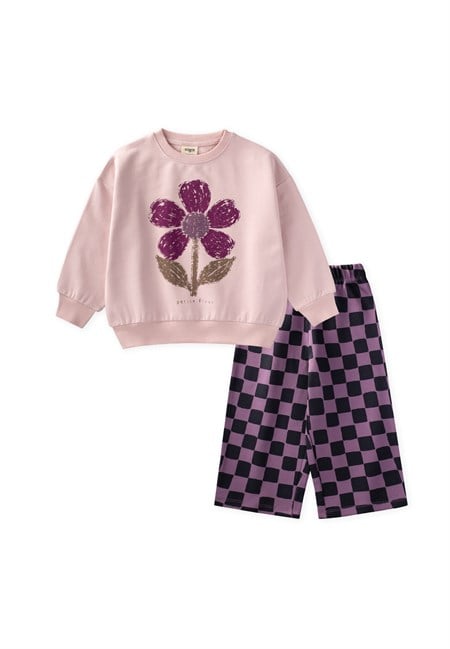 Desenli Sweatshirt Kız Çocuk Takım 2-8 Yaş Pudra Pembe