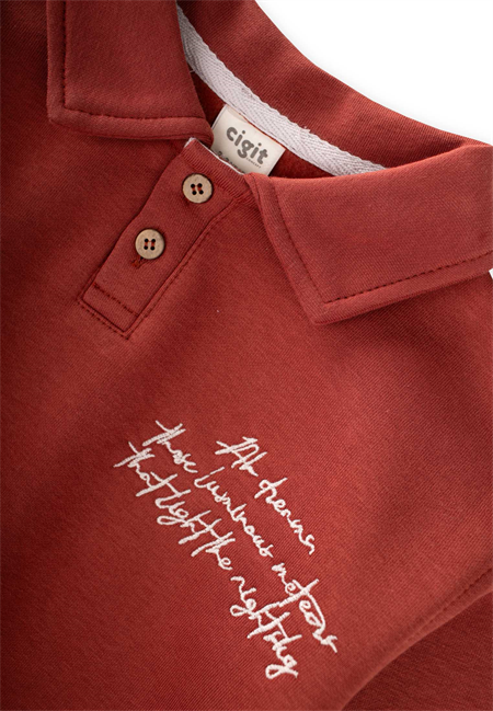 Yakalı Nakış İşlemeli Sweatshirt Takım 2-10 Yaş Kiremit