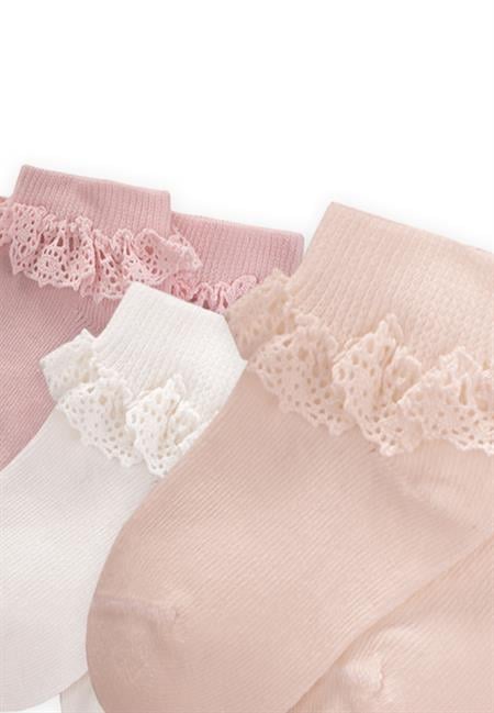 Üçlü Dantelli Bebe Patik Çorabı 0-4 Yaş Pudra,Kum,Beyaz