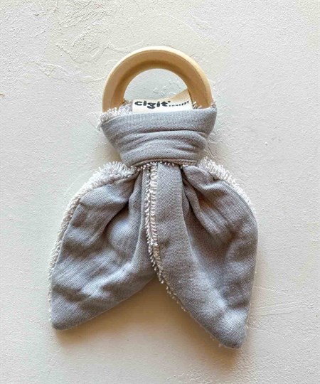 Ahşap Müslin Bebek Diş Kaşıyıcı Gri