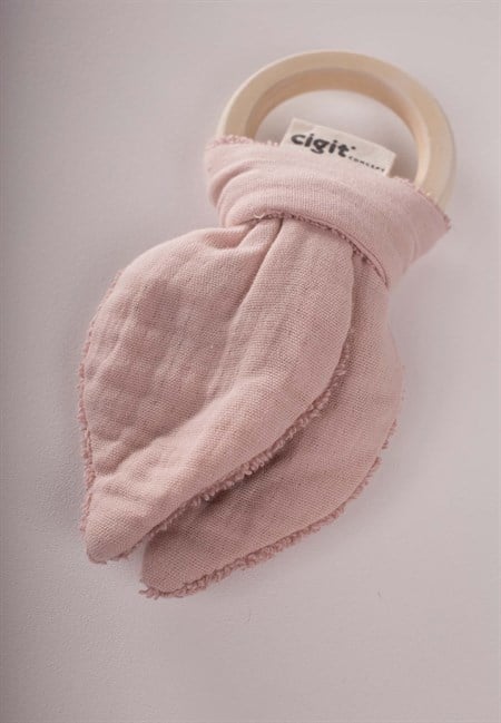 Ahşap Müslin Bebek Diş Kaşıyıcı Pudra Pembe