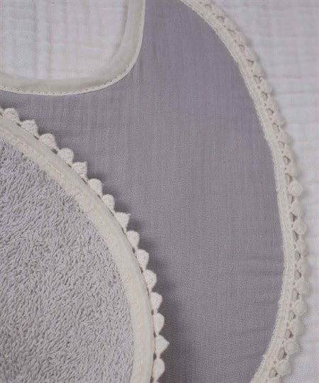 Bağlamalı Ponponlu Mama Önlüğü 25 cm Muslın Grı - Havlu Grı