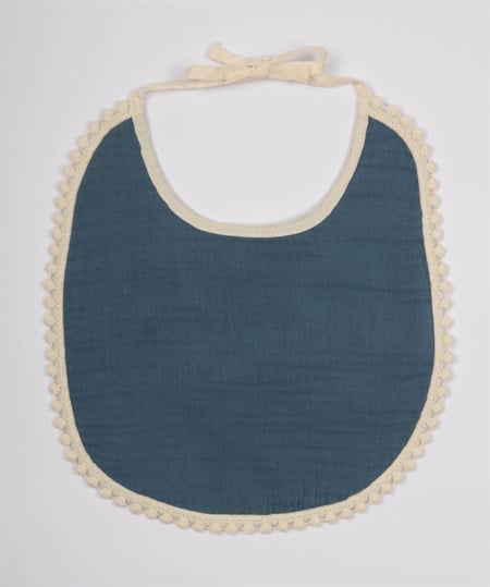 Bağlamalı Ponponlu Müslin Mama Önlüğü 25 cm İndigo Mavi
