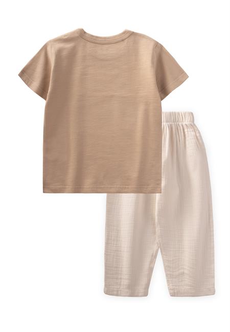 Balina Baskılı T-Shırt Takım 1-5 Yaş Bej