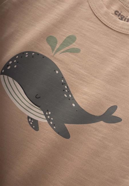 Balina Baskılı T-Shırt Takım 1-5 Yaş Bej