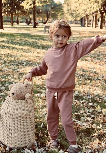 Basic Karyoka Detaylı Sweatshirt Takım 3-8 Yaş Pudra Pembe