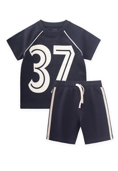 Baskılı Şerit Detaylı T-Shırt Takım 2-10 Yaş Lacivert