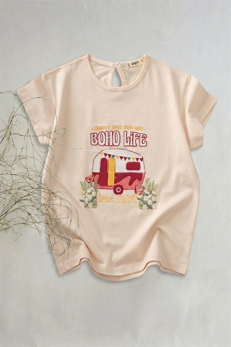 Boho Karavan Baskılı T-Shırt 8-12 Yaş Ekru