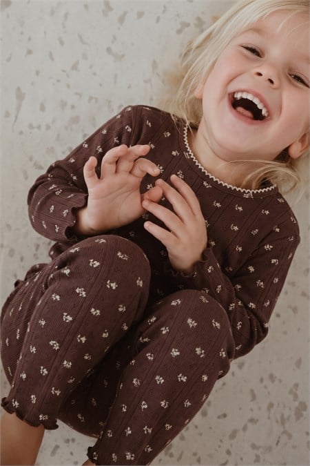 Çiçek Desenli Pijama Takımı 1-8 Yaş Kahverengi