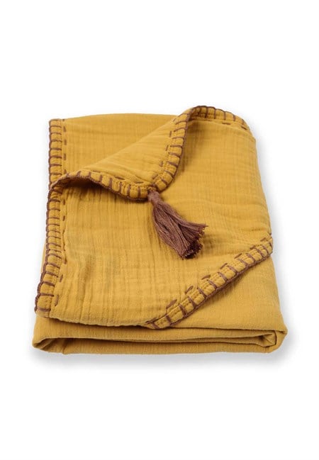 Çift Kat El İşi Müslin Üçgen Havlu (Yıkanmıştır) 75X75 cm Hardal Sarı
