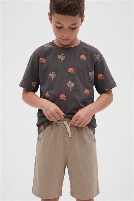 Desenli Kaprili T-Shirt Takım 2-12 Yaş Gri