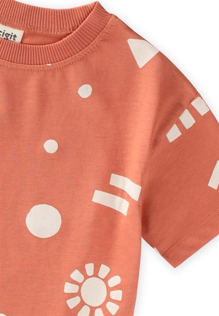 Desenli Kaprili T-Shirt Takım 2-12 Yaş Oranj