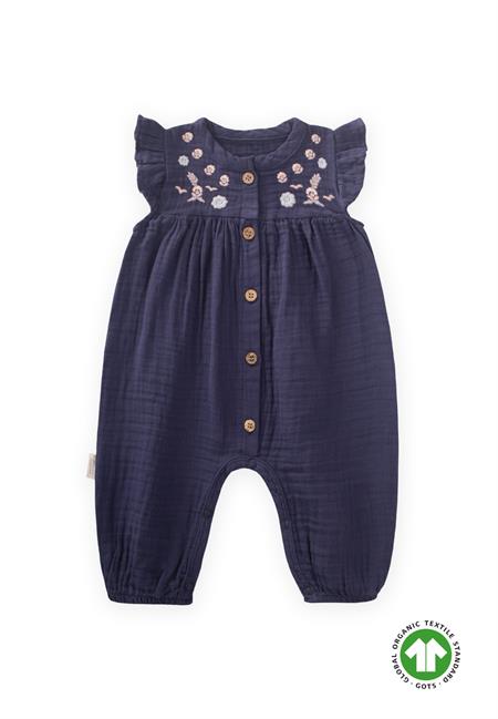 Organik Nakışlı Müslin Tulum 0-3 Yaş Lacivert