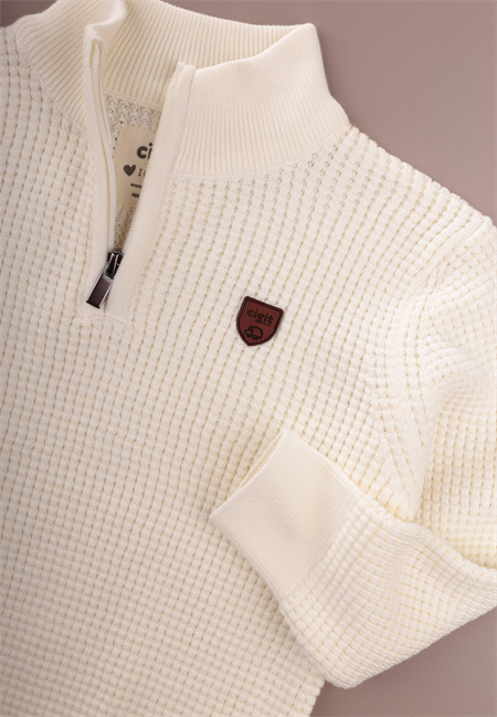 Selanik Triko Fermuarlı Kazak 2-11 Yaş Ekru