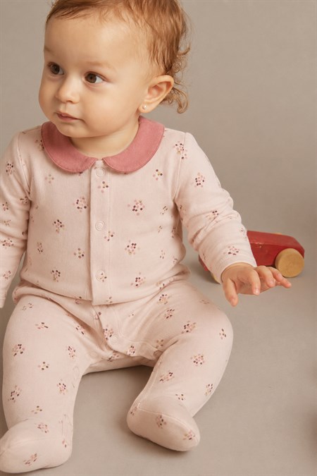 Çıtır Çiçek Desenli Bebe Yaka Tulum 0-9 Ay PUDRA PEMBE