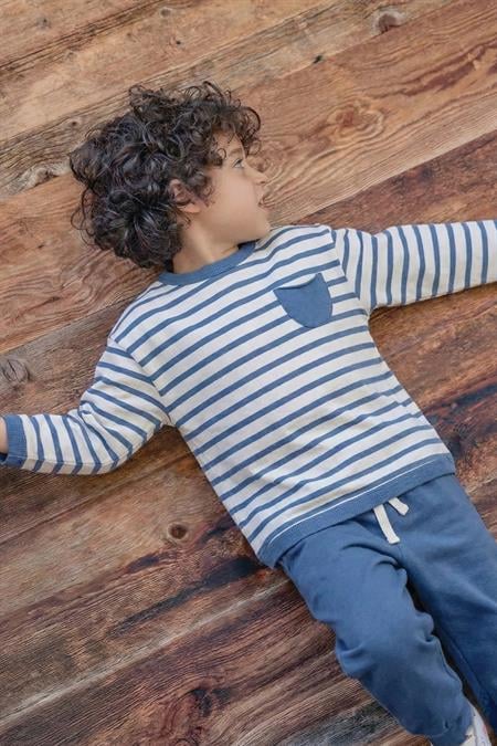 Çizgili Sweatshırt Takım 1-7 Yaş İNDİGO MAVİ