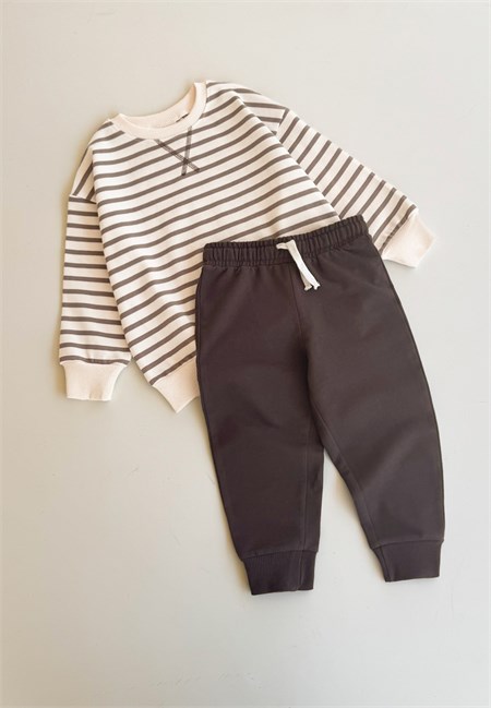 Çizgili Sweatshirt Takım 2-8 Yaş Vizon Çizgili