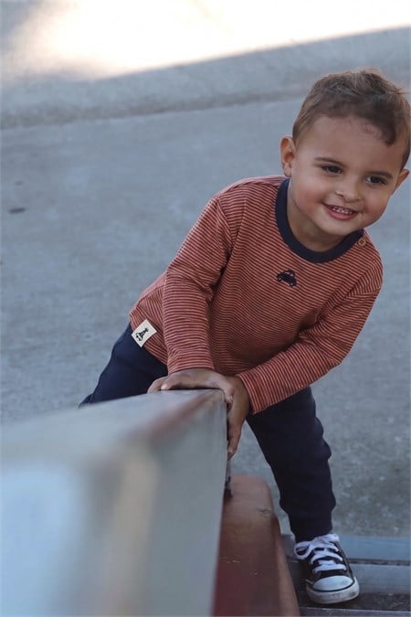 Çizgili Uzun Kollu Bebe Takım 0-3 Yaş Kiremit Çizgili