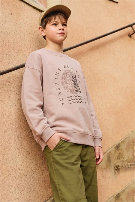 Dağ Baskılı Sweatshirt 3-9 Yaş Bej