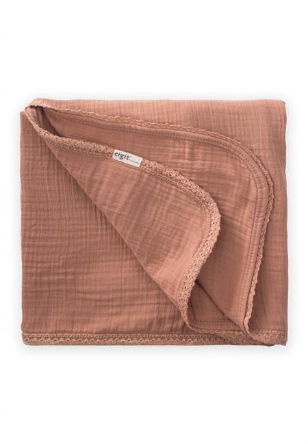 Dantel İşlemeli Tekkat Müslin Battaniye 100X100 cm +/- 3 cm Açık Kahverengi