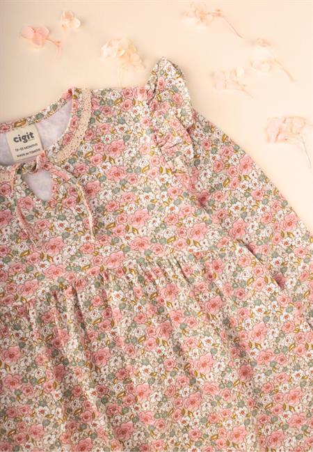 Desenli Mevsimlik Elbise 1-7 Yaş Ekru