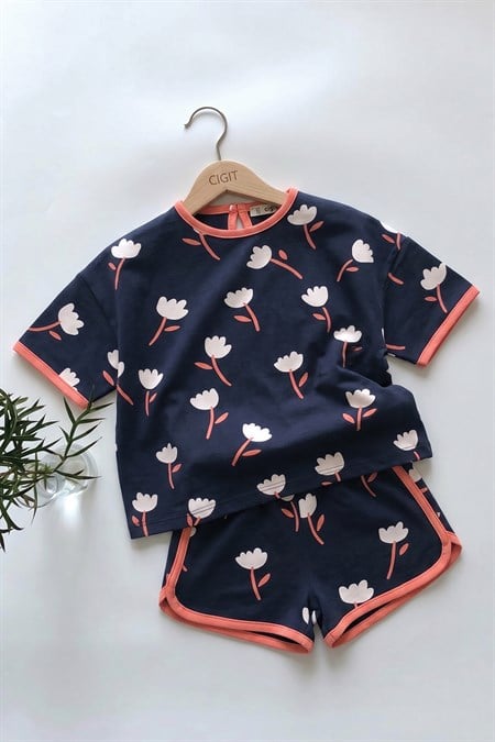 Desenli Oversize Şortlu Takım 1-7 Yaş Lacivert