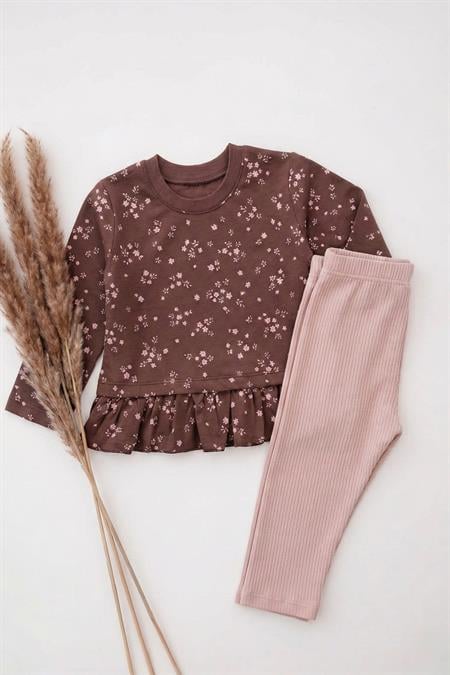 Desenli Uzun Kollu T-Shırt Takım 1-8 Yaş Mürdüm