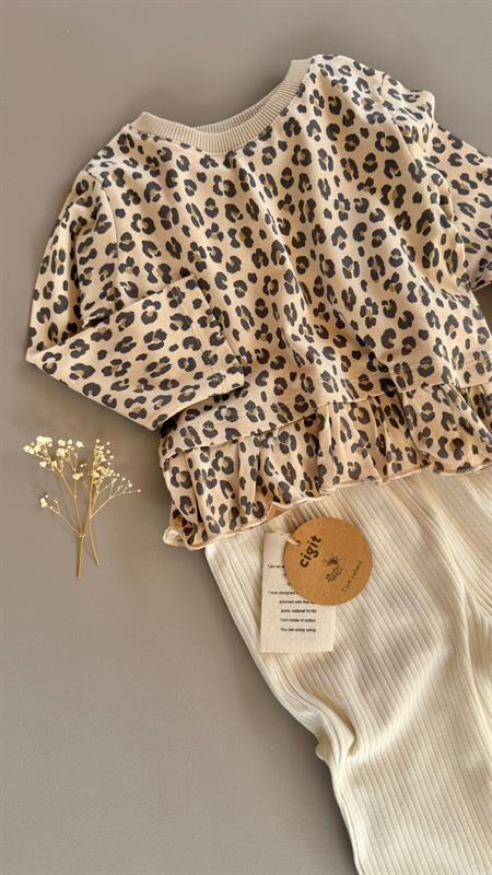 Desenli Uzun Kollu T-Shırt Takım 1-8 Yaş Bej