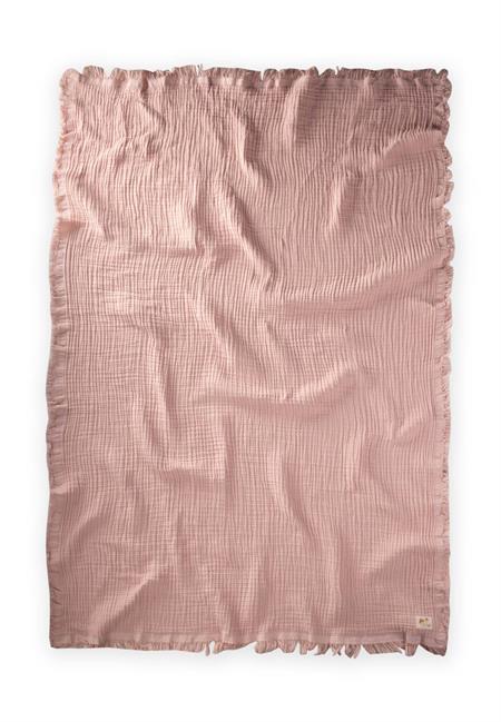 Dört Kat Püsküllü Organic Müslin Battaniye 80X120 Cm Pudra Pembe