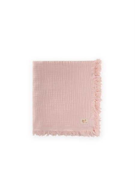 Dört Kat Püsküllü Organic Müslin Battaniye 80X120 Cm Pudra Pembe