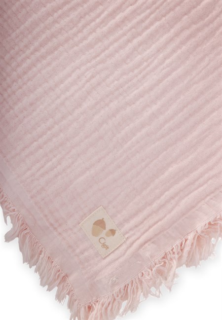 Dört Kat Püsküllü Organic Müslin Battaniye 80X120 Cm Pudra Pembe