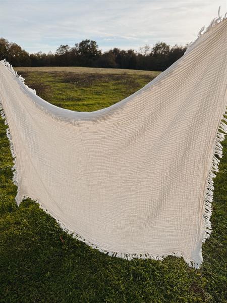 Dört Kat Püsküllü Müslin Battaniye 80X120 Cm Naturel