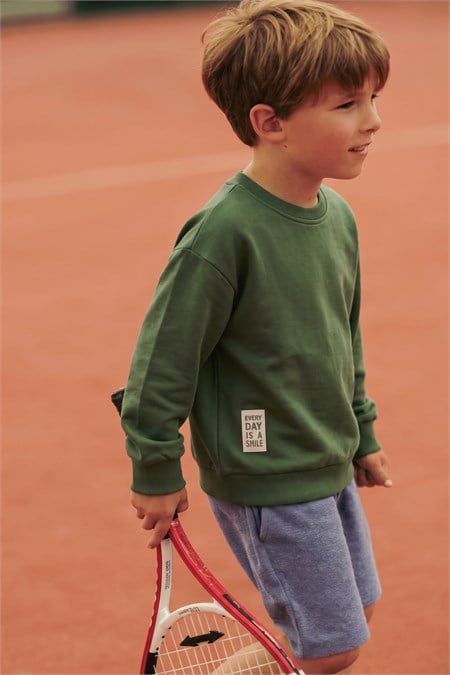 Etiket Detaylı Sweatshirt 2-10 Yaş Yağ Yeşili