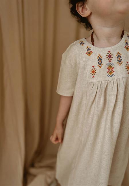 Etnik Desen Baskılı Elbise 2-7 Yaş NATUREL