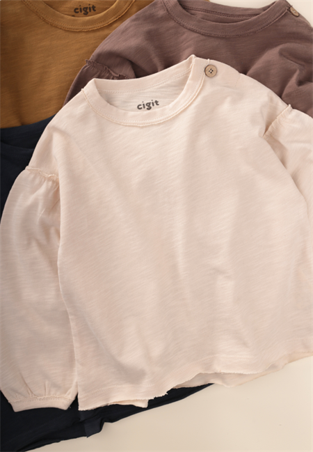 Fırçalı Rustik Uzun Kollu T-Shırt 1-7 Yaş Ekru