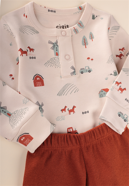 Çiftlik Desenli Zıbın Takım 0-3 Yaş Bej