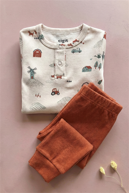 Çiftlik Desenli Zıbın Takım 0-3 Yaş Bej