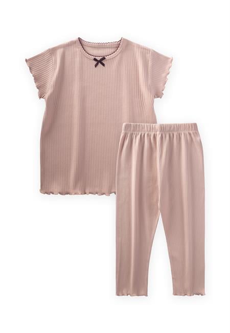 Fiyonklu Yakası İşlemeli Pijama Takım 2-10 Yaş Pudra Pembe