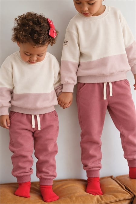 Garnili Sweatshirt İnce Mevsimlik Takım 2-8 Yaş Ekru Antik Pembe