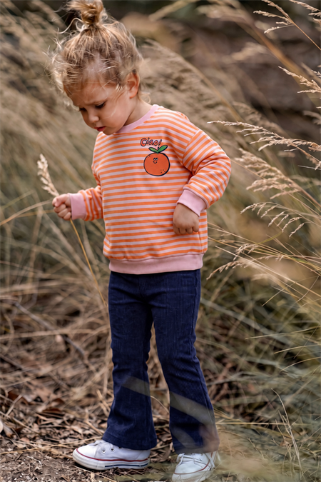Kadife Taytlı Triko Sweatshirt Takım 1-6 Yaş Turuncu Çizgili
