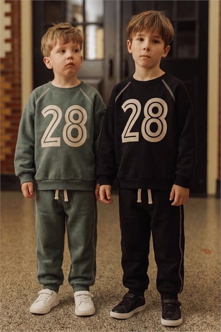 Karyoka Detaylı Baskılı İnce Mevsimlik Sweatshirt Takım 2-10 Yaş Haki Yeşil