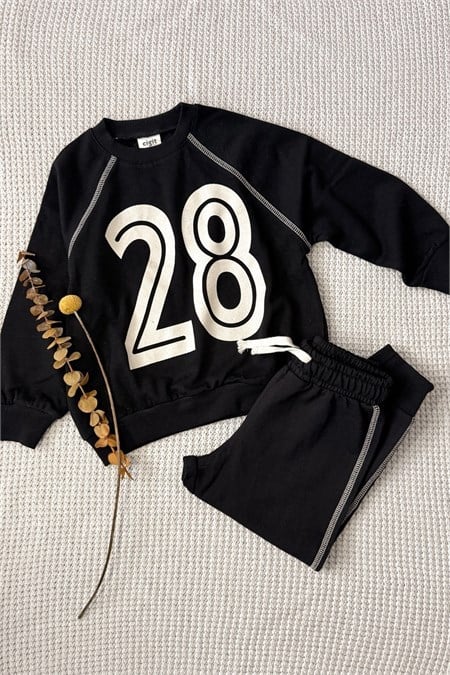 Karyoka Detaylı Baskılı İnce Mevsimlik Sweatshirt Takım 2-10 Yaş Siyah